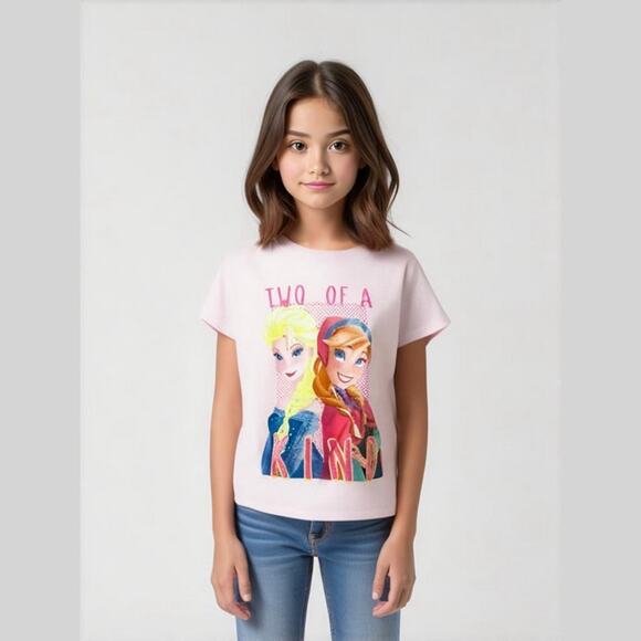 5/$35    Frozen Girls Tee Sz S Delta Pro Weight Pink Anna Elsa Two of a Kind NEW - Picture 1 of 6